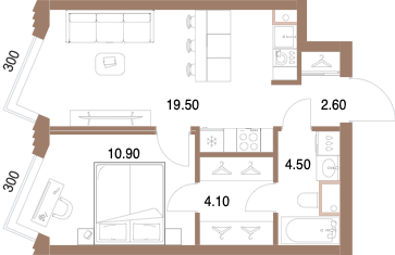 Планировка: 1-комнатная, 41,6 м²