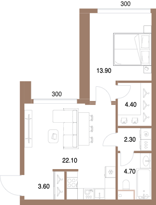 Планировка: 1-комнатная, 51 м²