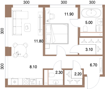 Планировка: 1-комнатная, 51,1 м²
