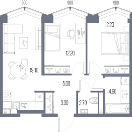 Планировка: 2-комнатная, 59,1 м²
