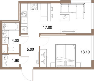 Планировка: 1-комнатная, 41,2 м²