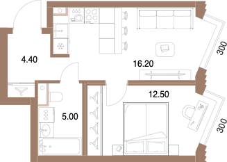 Планировка: 1-комнатная, 38,1 м²
