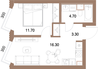 Планировка: 1-комнатная, 36 м²