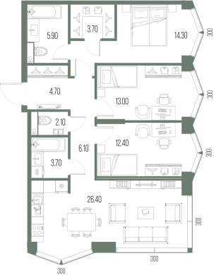 Планировка: 3-комнатная, 92,3 м²