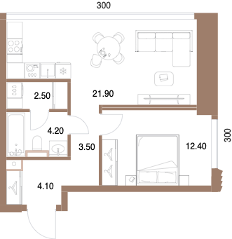 Планировка: 1-комнатная, 48,6 м²