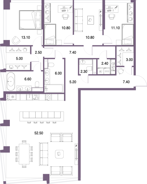 Планировка: 4-комнатная, 146,1 м²