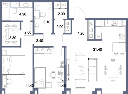 Планировка: 2-комнатная, 82,2 м²