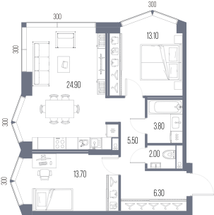 Планировка: 2-комнатная, 69,3 м²