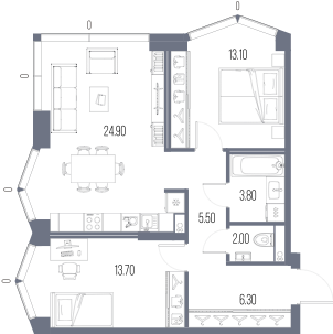 Планировка: 2-комнатная, 69,3 м²