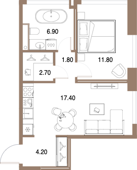 Планировка: 1-комнатная, 44,8 м²