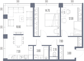 Планировка: 2-комнатная, 71,4 м²
