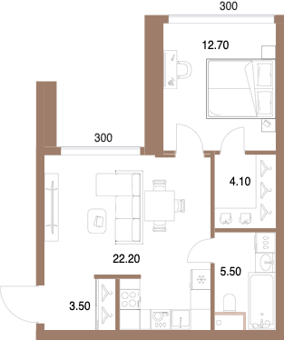 Планировка: 1-комнатная, 48 м²