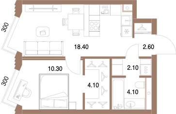 Планировка: 1-комнатная, 41,6 м²