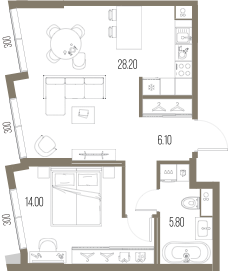 Планировка: 1-комнатная, 54,1 м²