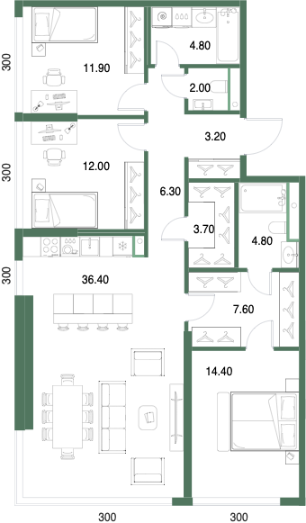Планировка: 3-комнатная, 107,1 м²