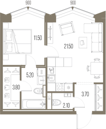 Планировка: 1-комнатная, 47,8 м²