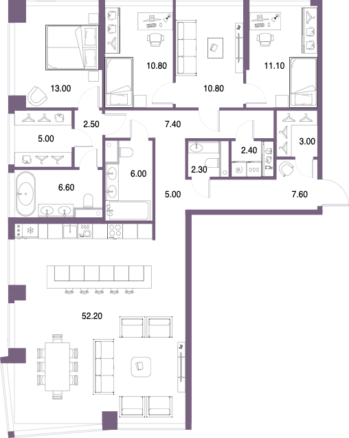Планировка: 4-комнатная, 145,7 м²