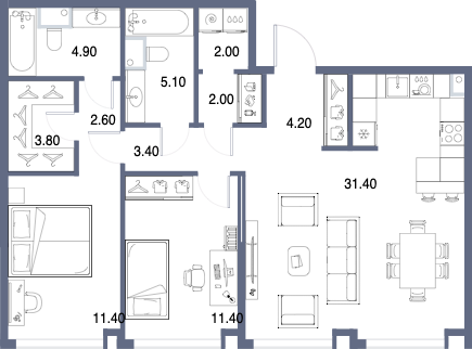 Планировка: 2-комнатная, 82,2 м²