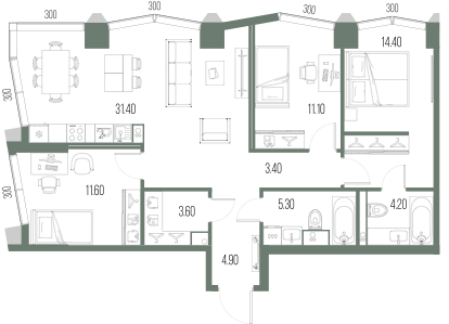 Планировка: 3-комнатная, 89,9 м²