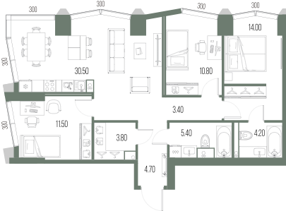 Планировка: 3-комнатная, 88,3 м²