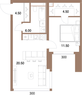 Планировка: 1-комнатная, 47 м²