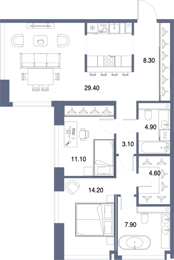 Планировка: 2-комнатная, 83,5 м²