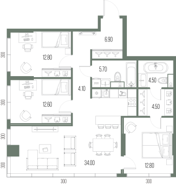 Планировка: 3-комнатная, 97,9 м²