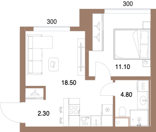 Планировка: 1-комнатная, 36,7 м²