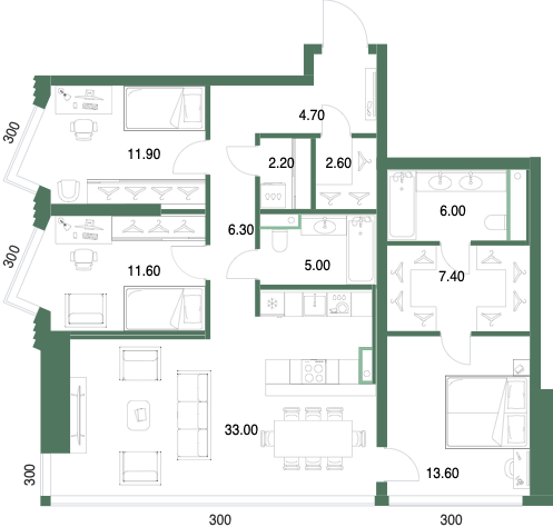 Планировка: 3-комнатная, 104,3 м²