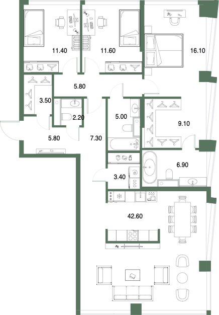 Планировка: 3-комнатная, 130,7 м²