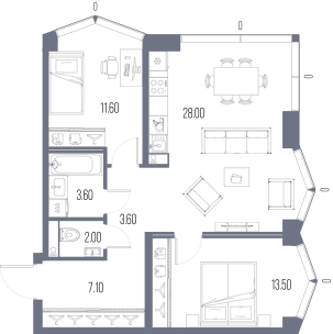Планировка: 2-комнатная, 69,4 м²