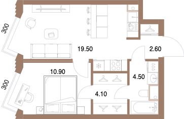 Планировка: 1-комнатная, 41,6 м²