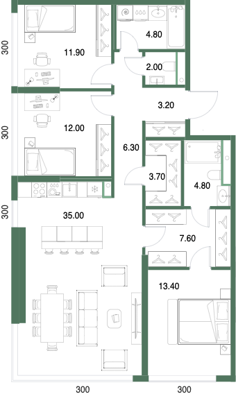Планировка: 3-комнатная, 104,7 м²