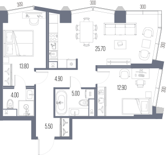 Планировка: 2-комнатная, 71,8 м²