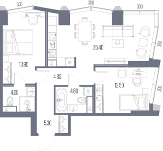 Планировка: 2-комнатная, 70,7 м²