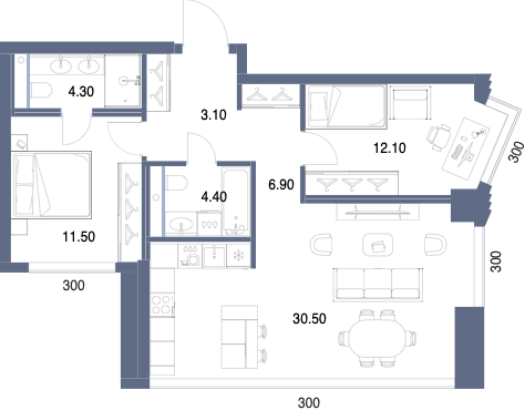 Планировка: 2-комнатная, 72,8 м²