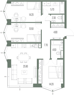 Планировка: 3-комнатная, 92,8 м²