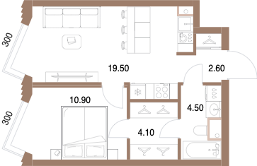 Планировка: 1-комнатная, 41,6 м²