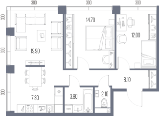 Планировка: 2-комнатная, 67,9 м²