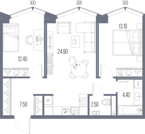 Планировка: 2-комнатная, 64,8 м²