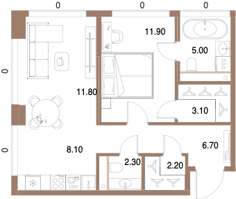 Планировка: 1-комнатная, 51,1 м²