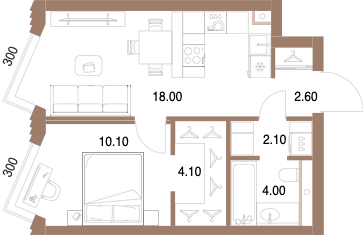 Планировка: 1-комнатная, 40,9 м²