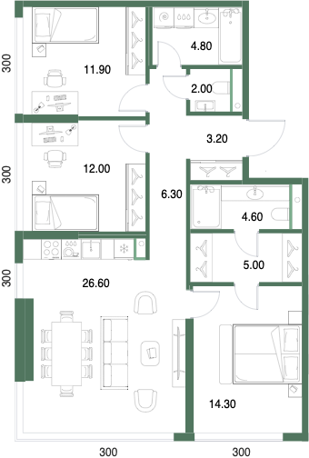 Планировка: 3-комнатная, 90,7 м²