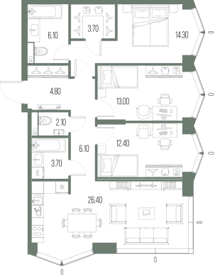 Планировка: 3-комнатная, 92,6 м²