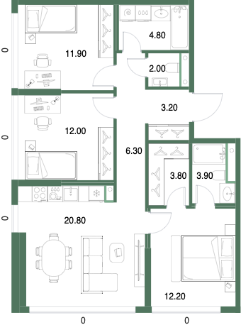 Планировка: 3-комнатная, 80,9 м²