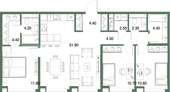 Планировка: 3-комнатная, 91,7 м²