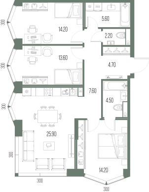 Планировка: 3-комнатная, 92,5 м²