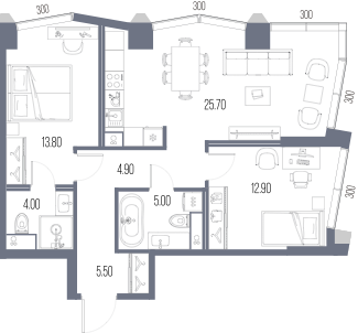 Планировка: 2-комнатная, 71,8 м²