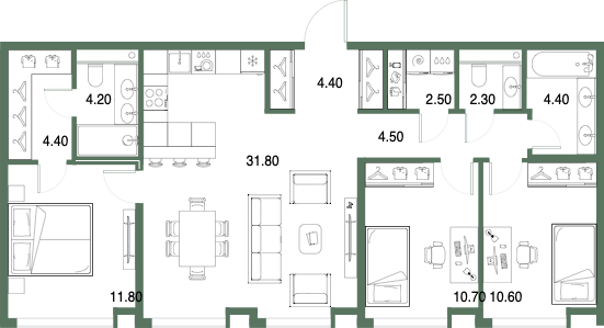 Планировка: 3-комнатная, 91,6 м²