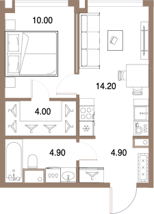 Планировка: 1-комнатная, 38 м²